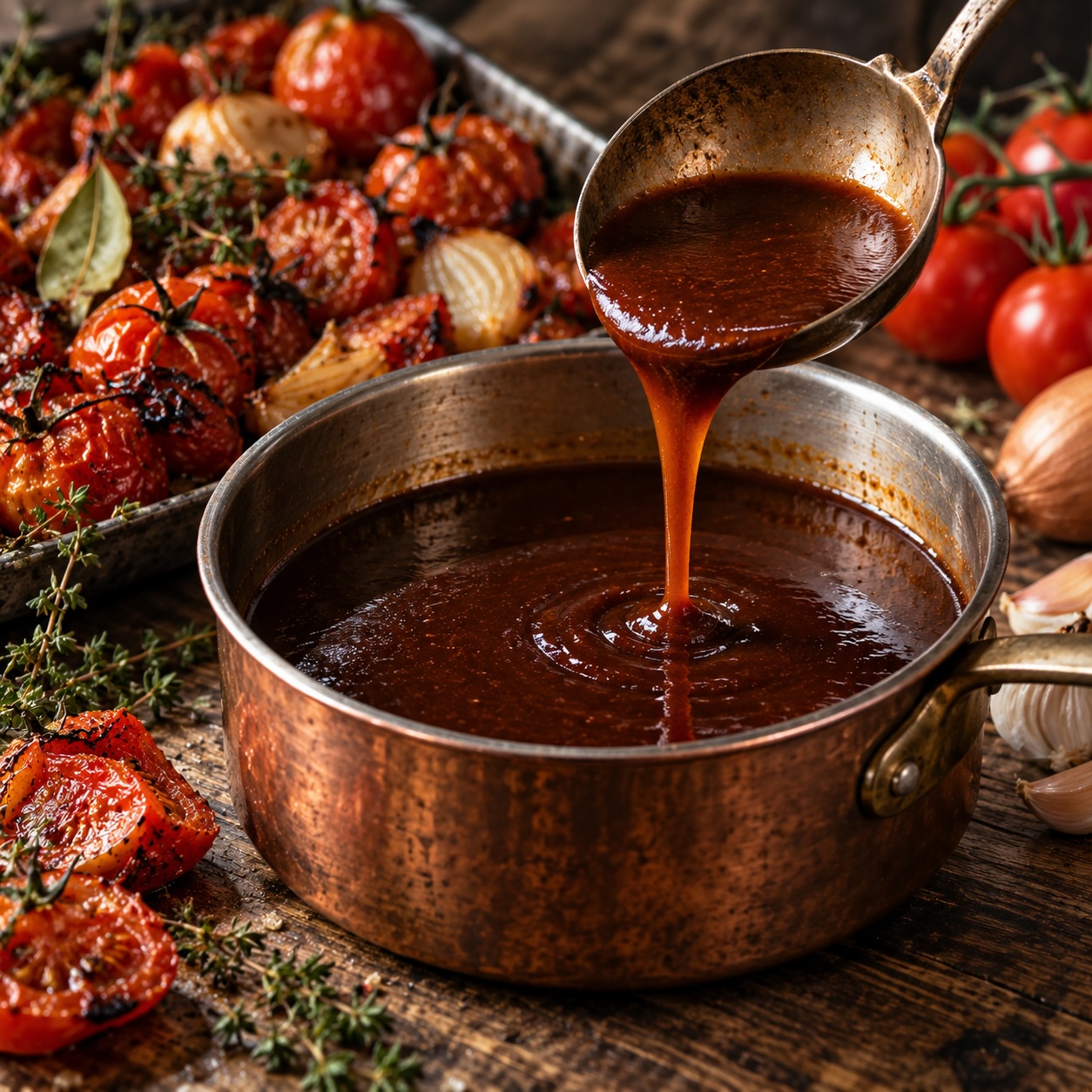 Dunkle Tomaten-Jus mit gerösteten Tomaten und Verjus im Kupfertopf